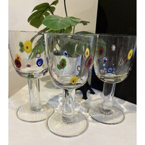 Set Of 3 Leonardo Murano Millefiori Wine Water Glasses Goblets 7” Hand Blown